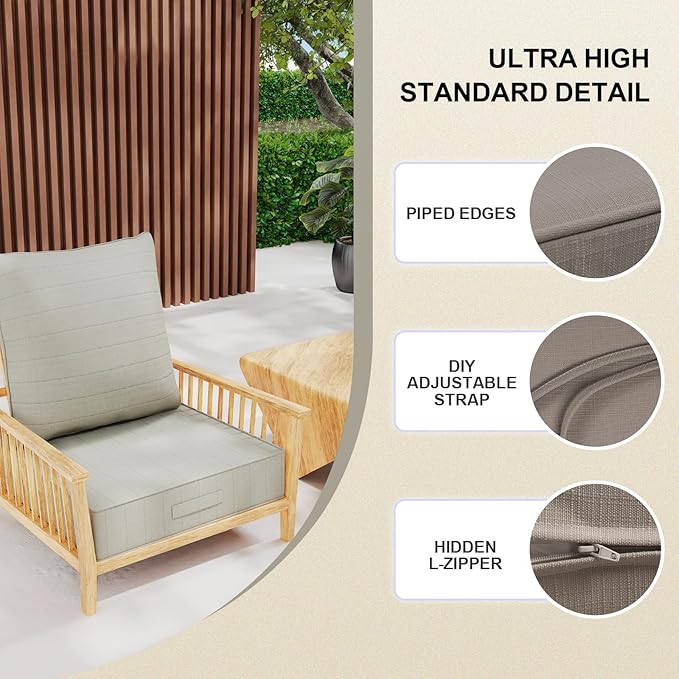 Outdoor Olefin Water-Resistant Deep Seat Cushion Set, 2PCS Weather and Fade Resistant 23''x 26''x 6'' Patio Furniture Seat Cushion, Thickened Sofa Chair Pad for Lawn, Garden, Beige
