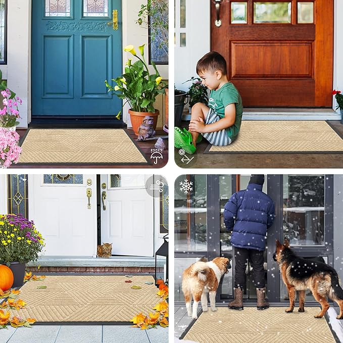 Smiry Front Door Mat Outside Entrance, Heavy Duty Sturdy Natural Rubber Doormat, Trap Dirt and Moisture, Easy Clean Low Profile Mats for Indoor Outdoor Entry, Irregular Triangle (59x35, Beige)