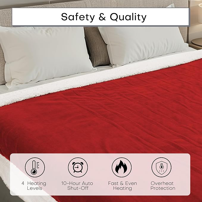 Electric Heated Blanket Full Size 72"x84" - Dual-Sided with Microplush & Sherpa Fabric, 4 Heat Settings & 10 Hours Auto Off, Machine Washable - Bright Red