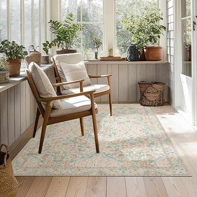 MUJOO 3x5 Rug Washable,Floral Area Rug for Bedroom Office Entryway Living Room Bedside,Small Throw Carpet Boho Non Slip Indoor Floor Neutral Vintage Ultra-Thin Light Green and Beige