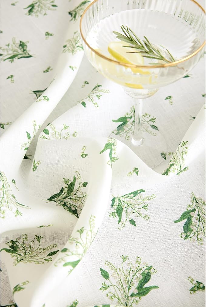 Solino Home Lily Floral Print Table Runner 120 Inches Long - 100% Pure Linen Table Runner 14 x 120 Inch - Lily of The Valley/White Print