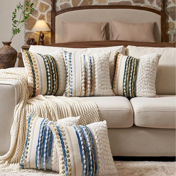 Aeckself Boho Chenille Tufted Throw Pillow Covers 18x18 Inch Set of 2, Farmhouse Decorative Striped Square Pillow Covers Accent Neutral Pillowcase for Living Room Couch Bed, Caramel Brown