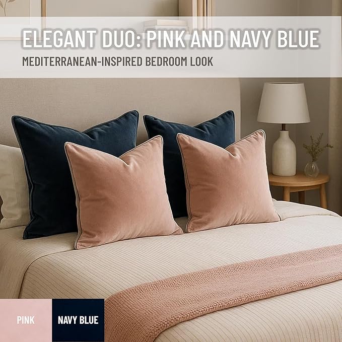 2 Pack Velvet Decorative Throw Pillow Covers, 20"x20", Pink and Grey, Solid, Modern, Contrast Piping, Indoor Use, Bedroom & Living Room