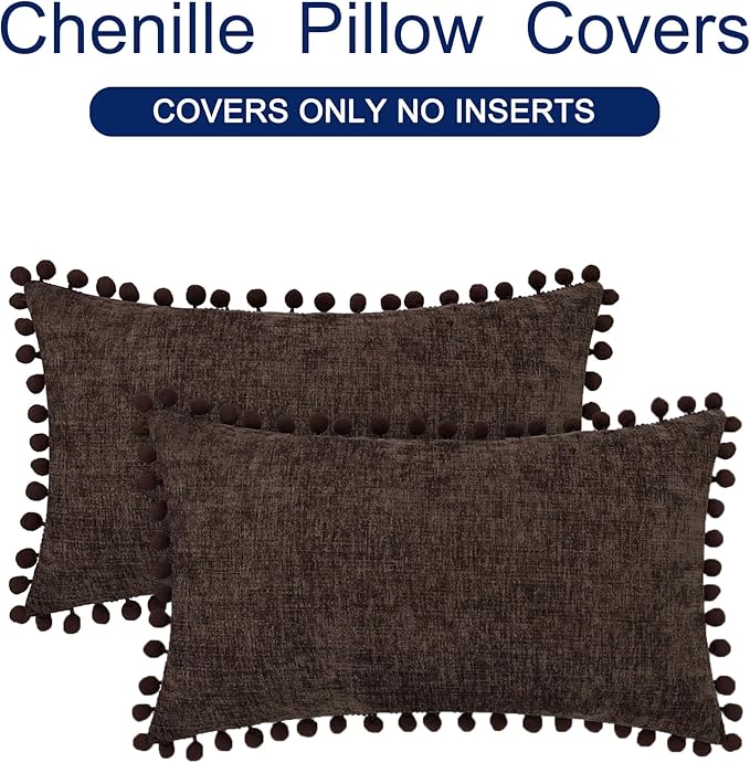 CaliTime Throw Pillow Covers Decorative 20 X 12 Inches Pack of 2 Cozy Solid Dyed Soft Chenille Cushion Cases with Pom Poms for Couch Sofa Bed Living Room Home Coffee