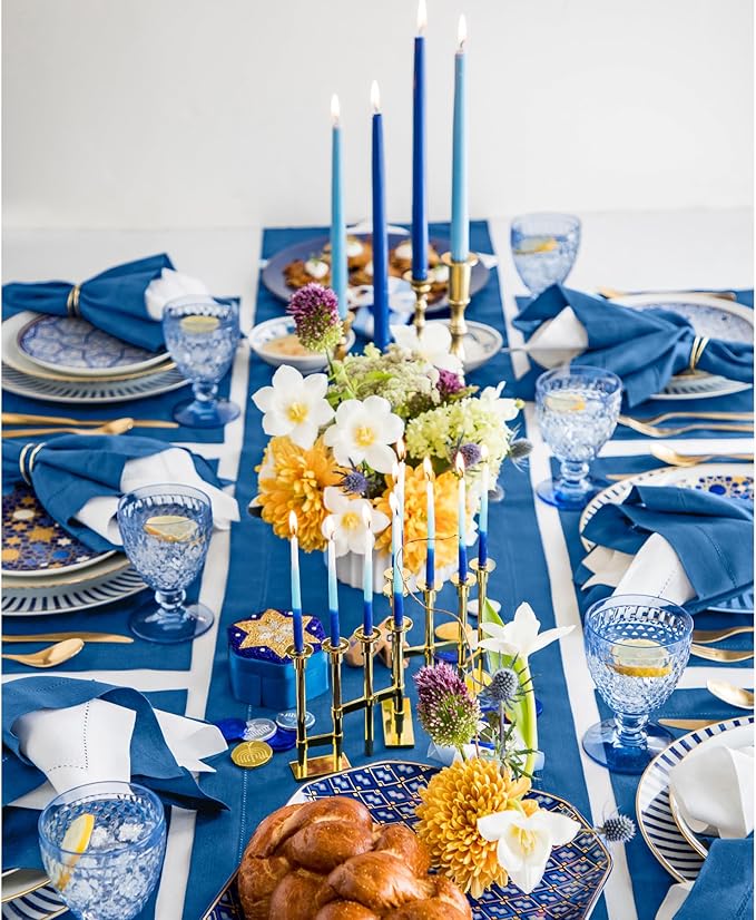 Solino Home Linen Indigo Blue Table Runner 132 Inches Long - 100% Pure Linen Extra Long Table Runner 14 x 132 Inch - Classic Hemstitch