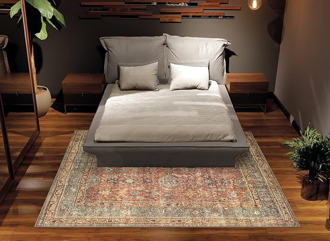 Bloom Rugs Washable Non-Slip 9' x 12' Rug - Terracotta/Mustard Traditional Area Rug for Living Room, Bedroom, Dining Room, and Kitchen - Exact Size: 9' x 12'