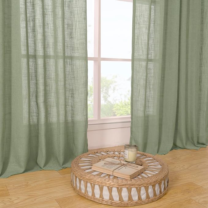 LAMIT 95 Inches Long Sage Green Linen Curtains for Living Room, Back Tab and Rod Pocket Linen Textured Curtains Light Filtering Boho Drapes for Bedroom/Dining Room, Set of 2, 52 x 95 Inch