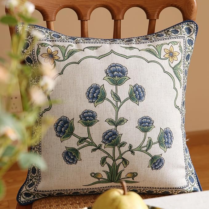 patdrea Designer Throw Pillow Covers,Blue Euro Elegant Linen with Blooming Floral Pattern Pillow Cover,Decorative Square Pillowcases Cushion for Bed Living Room Outdoor Car,18"x18"