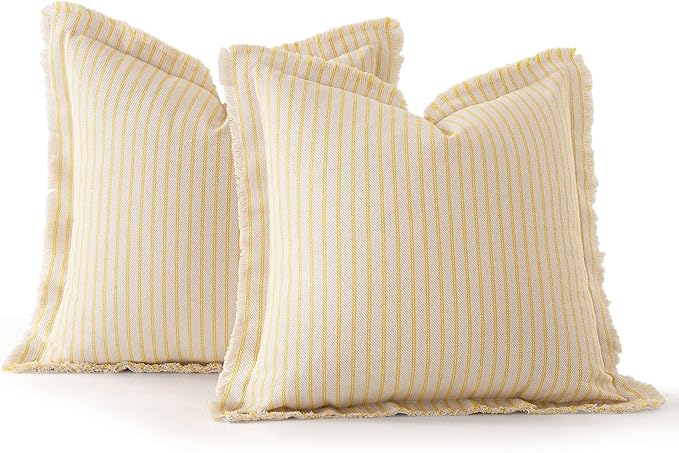 MIULEE Pack of 2 Yellow Pillow Covers 18x18 Inch Striped Farmhouse Couch Throw Pillow Covers with Fringe Chic Cotton Decorative Cushion Covers for Summer Sofa Living Room Bed Outdoor Home Decor