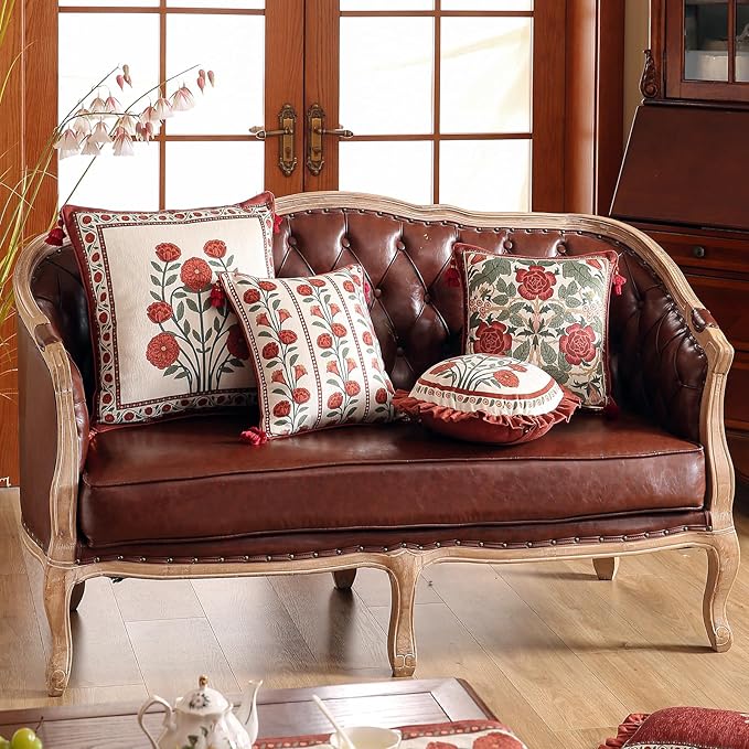 Throw Pillow Covers Pack of 2,Red Cozy Velvet with Leaves and Floral Pattern Pillowcases,Decoration Square Pillows Cushion Covers for Living Room Couch Sofa Bed Car Chair,18"x18"