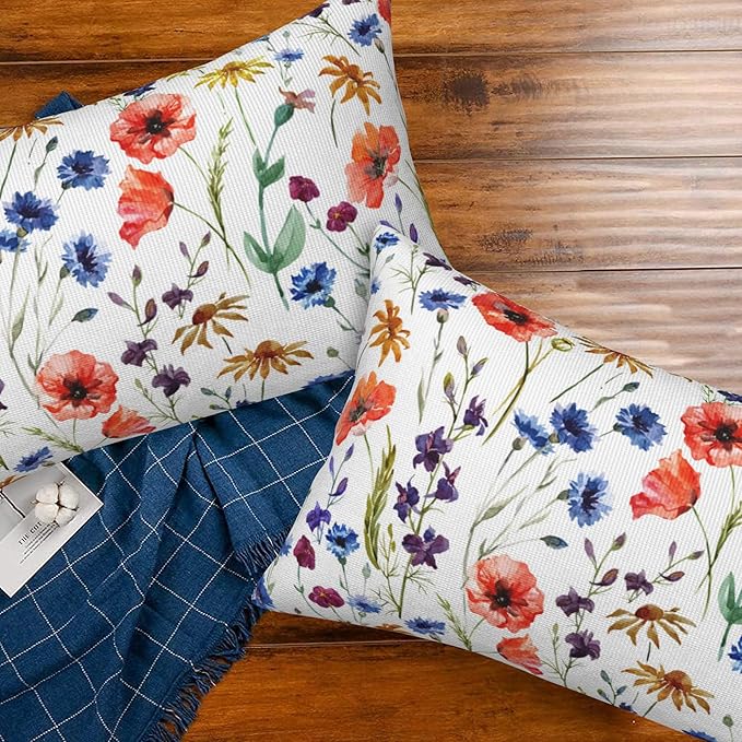 Wildflowers Throw Pillow Covers Set of 2 Watercolor Poppy Pillow Covers 20x12 Inch Modern Farmhouse Home Decorative Pillow Cases Cushion Cover for Sofa Living Room Office