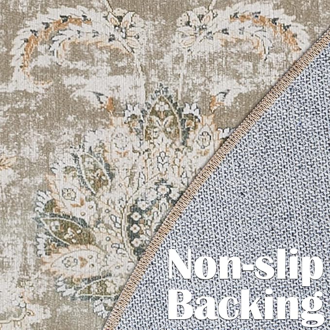 jinchan Fiora Round Rug 7ft Area Rugs - Vintage Floral Distressed Design Machine Washable Non-Slip Low-Pile Ultra-Thin Circle Rug for Living Room Dining Room Bedroom Farmhouse (7' Round, Taupe)
