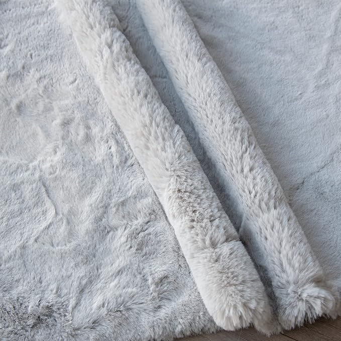 Grey Round Rug 3ft Machine Washable Shaggy Area Rugs for Living Room Faux Bunny Fluffy Fur Rug for Bedroom Small Circle Nursery Rug