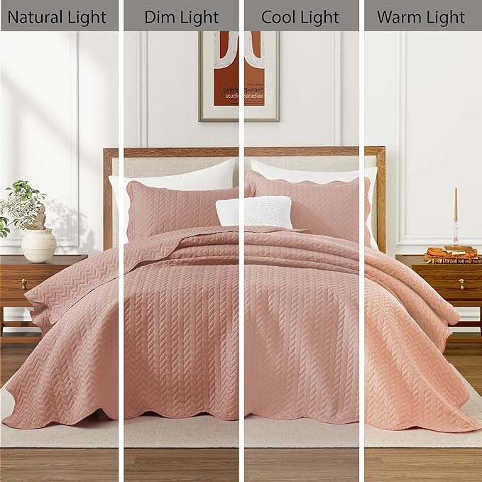 IR Imperial Rooms California King Quilt Bedding Set Size (118"x106") + 2 Pillow Shams (20" x 36"+ 2") - 3 Pcs All Season Reversible Microfiber Coverlet Embossed Quilt Bedspread (Peach/Baby Pink)