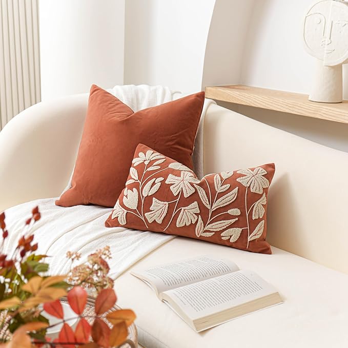 BlissBlush Fall Throw Pillow Cover 12x20, Rust Brick Red Soft Velvet Floral Decorative Lumbar Accent Throw Pillowcase,Textured Farmhouse Pillowcase for Couch Sofa Living Room Home Décor