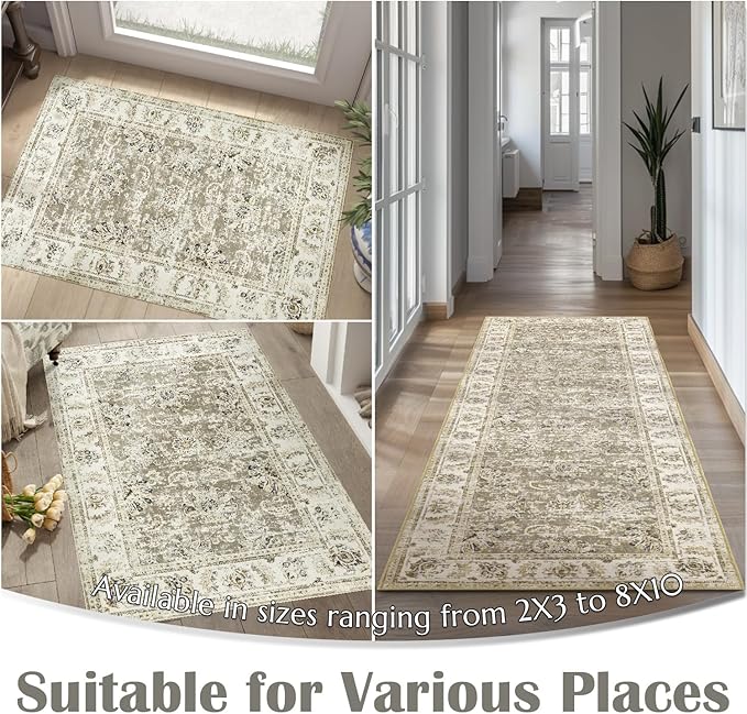 jinchan Fiora Washable Area Rug 4x6 Ultra-Thin Low Pile Non Slip Stain Resistant Soft Faux Wool Floral Rug Distressed Boho Vintage Carpet for Bedroom, Living Room, Kitchen, Nursery(Taupe, 4' x 6')