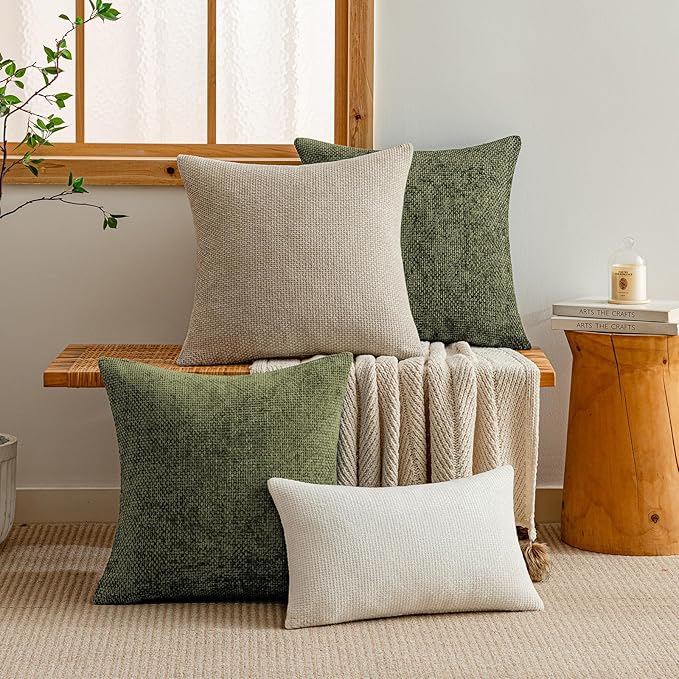 a moment Olive Green Chenille Throw Pillow Covers 20x20 Inch Pack of 2 Modern Decorative Throw Pillow Covers Farmhouse Cross Covers Home Decor for Sofa Bedroom Living Room
