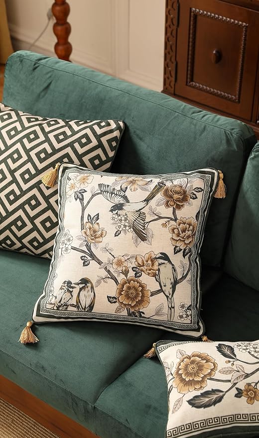 ISAENNE Design Linen Chinoiserie Square Throw Pillow Covers 18"x18", Farmhouse Cushion Covers with Yellow Floral Birds Pattern Decoration Pillowcases for Bed,Living Room,Outdoor,Car