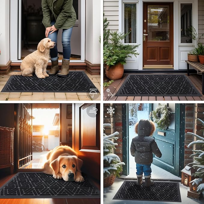 Smiry Front Door Mat Outside Entrance, Heavy Duty Sturdy Natural Rubber Doormat, Trap Dirt and Moisture, Easy Clean Low Profile Mats for Indoor Outdoor Entry, Grid Geometric (59x24, Black)