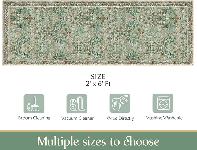 MUJOO Washable Runner Rug Green,Floral 2x6 Runners for Hallway Kitchen Bedroom Bedside Bathroom Laundry Room,Long Non Slip Throw Carpet Boho Indoor Botanical Vintage Ultra-Thin