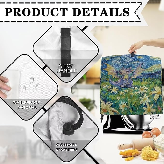 Cartoon Dragon Starry Night Stand Mixer Cover Dust Protector Cover Compatible with 5-8 Quart Kitchen Aid Mixer Kitchen Decor Appliance Covers with 2 Pockets