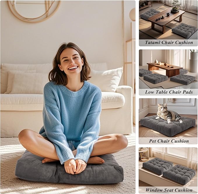 Meditation Floor Pillow 22×22 Inch 1 Pack Large Floor Cushions for Adults Square Tufted Corduroy Floor Pillows for Yoga Living Tatami Room Grey