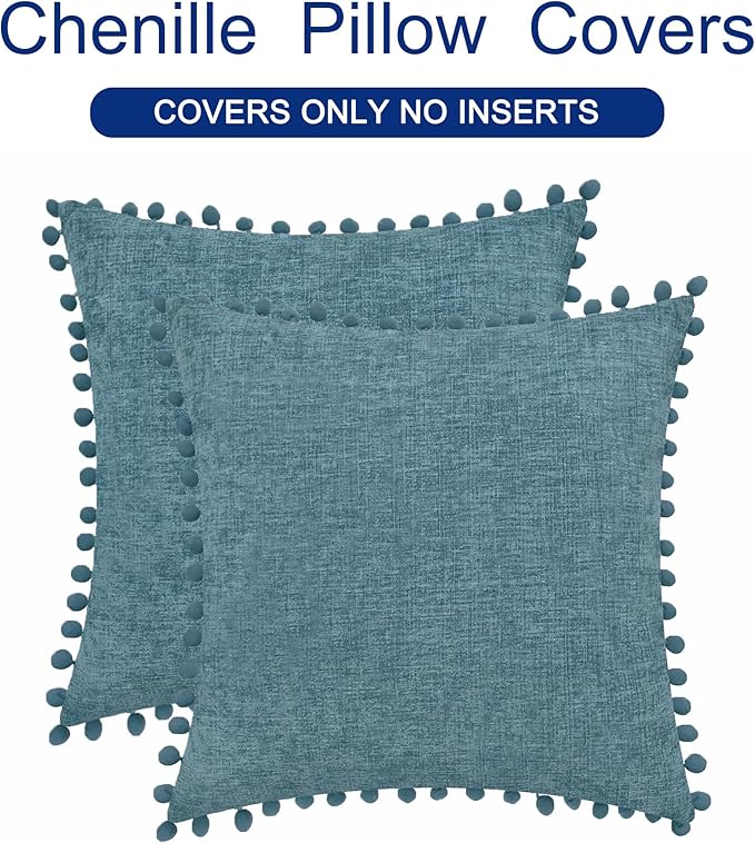 CaliTime Throw Pillow Covers Decorative 20 X 20 Inches Pack of 2 Cozy Solid Dyed Soft Chenille Cushion Cases with Pom Poms for Couch Sofa Bed Living Room Home Smoke Blue