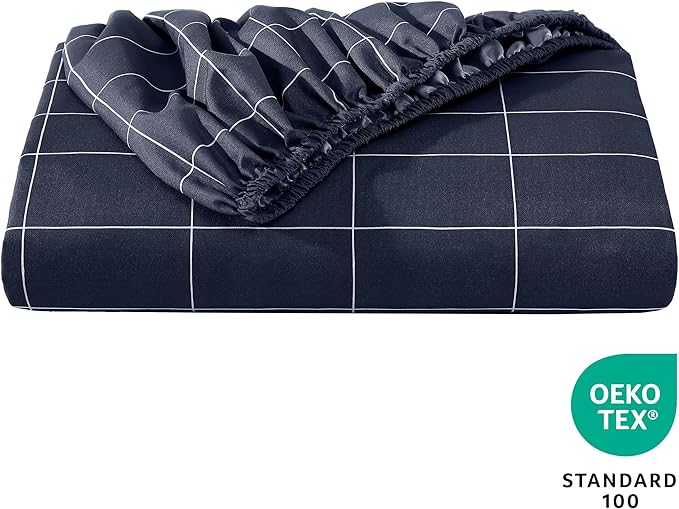 Bare Home Fitted Bottom Sheet Queen Size - Premium 1800 Microfiber - Ultra-Soft Hotel Luxury - Deep Pocket - Durable and Long Lasting (Queen, Grid - Midnight Blue/White)