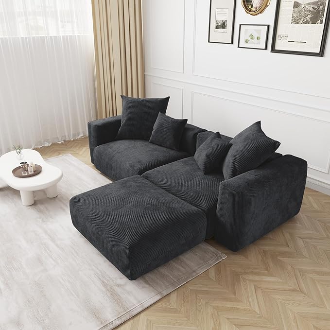 JACH Modular Sectional Couch Sofa with 4 Pillows, Modern Minimalist Sectional Couch with Ottoman, Cushion Covers Removable, Huge Plus Love Seat Sofas Couches for Living Room, Office (Black)
