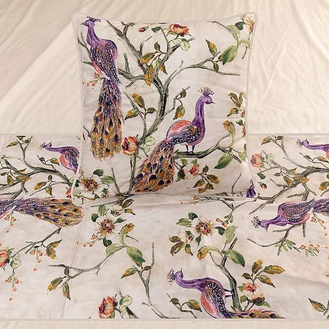 The HomeCentric King Queen Twin Ivory & Multicolor Decorative King 90"x18" Bed Runner with Pillow Cover, Peacock Bed Scarf on Cotton Printed with Beads Fabric - Peacock Queen