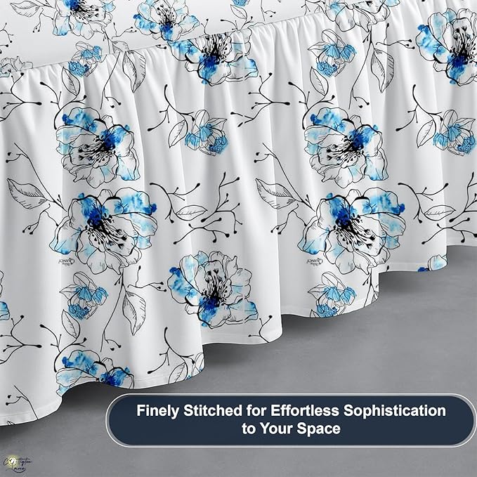 Cottington Lane Ruffled Bed Skirt King Size with Split Corner, Brushed Microfiber Hotel Quality Dust Ruffle, 24 Inch Drop Gathered Bedskirt, Soft, Stylish, Shrink & Fade Resistant, Blue Blossom