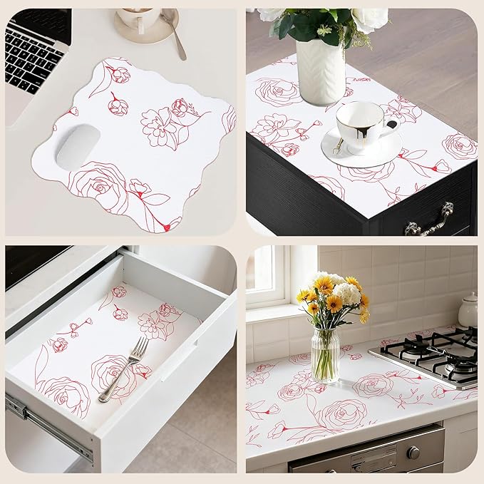Shelf Liners for Kitchen Cabinets 17in x 20FT Non Adhesive Drawer Liner Red and White Floral Thickened Shelf Liner Paper Strong Non-Slip Easy to Clean for Tool Box with Knife and Tape Measure