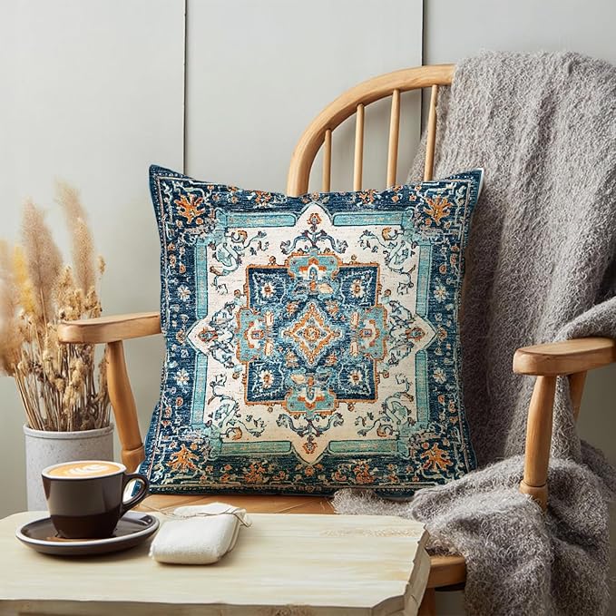 Vintage Boho Floral Print Throw Pillow Cover, Orange, Blue - Retro Rust Floral Decor Pillowcase, Indoor Outdoor Cushion Case for Sofa Couch Bed Living Room Bedroom Home (Blue&White, 18x18inch)