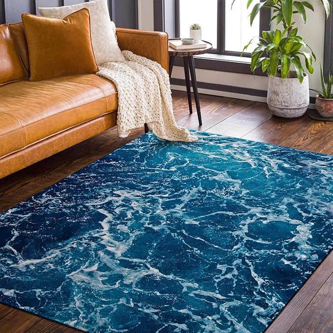 9CH Ocean Beach Area Rug 9'x12', Blue Sea Waves Polyester Area Rug Non-Slip Carpet Mat for Living Dining Dorm Room Bedroom Home Decorative