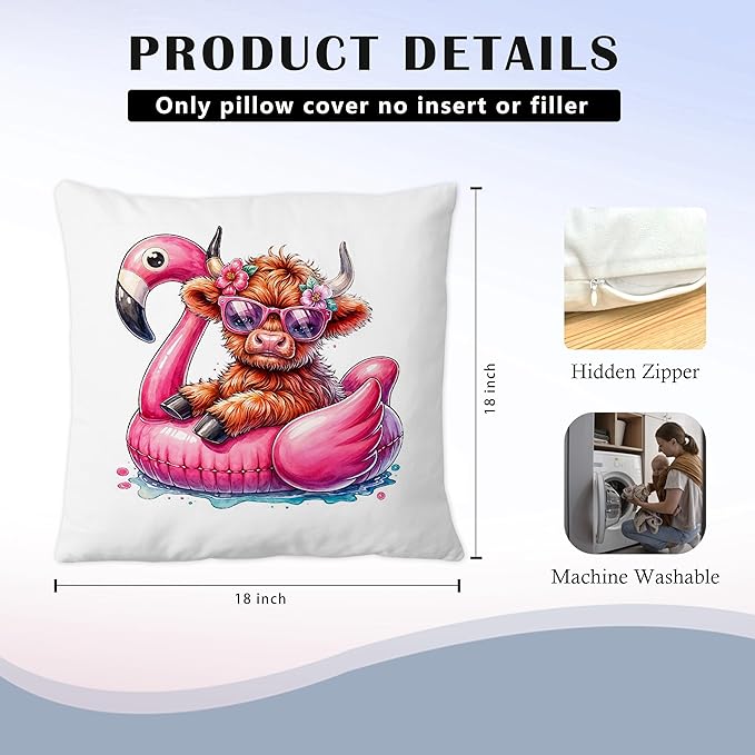 Funny Summer Heifer Cow Flamingo Pillow Covers 18x18, Cow Decorations for Home, Hot Pink Tropical Flamingo Western Cows Throw Pillow Covers for Couch Bed Home Bedroom Living Room