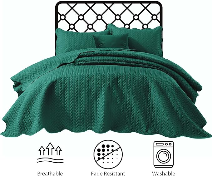 IR Imperial Rooms California King Quilt Bedding Set Size (118"x106") + 2 Pillow Shams (20" x 36"+ 2") - 3 Pcs All Season Reversible Microfiber Coverlet Embossed Quilt Bedspread (Emerald)