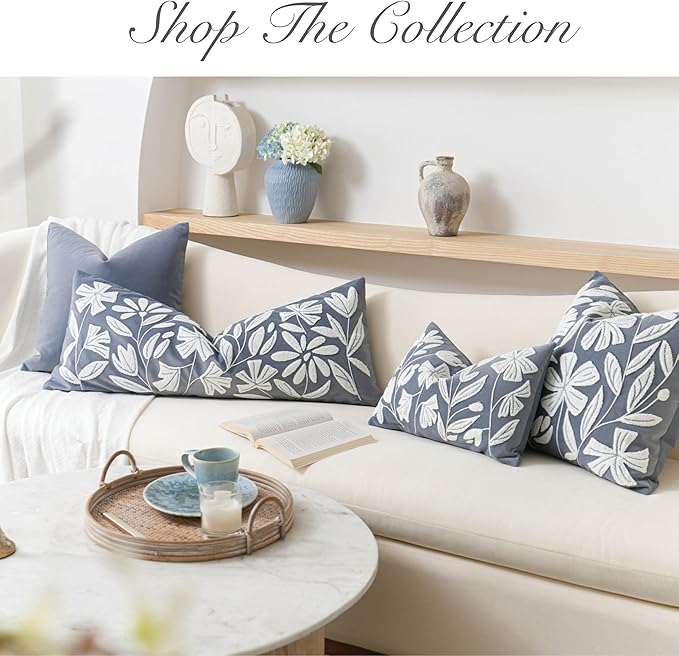 BlissBlush Blue Velvet Decorative Throw Pillow Cover 20X20, Flower Tufted Soft Farmhouse Textured Pillowcase, Accent Pillowcase for Couch Sofa Bed Living Room