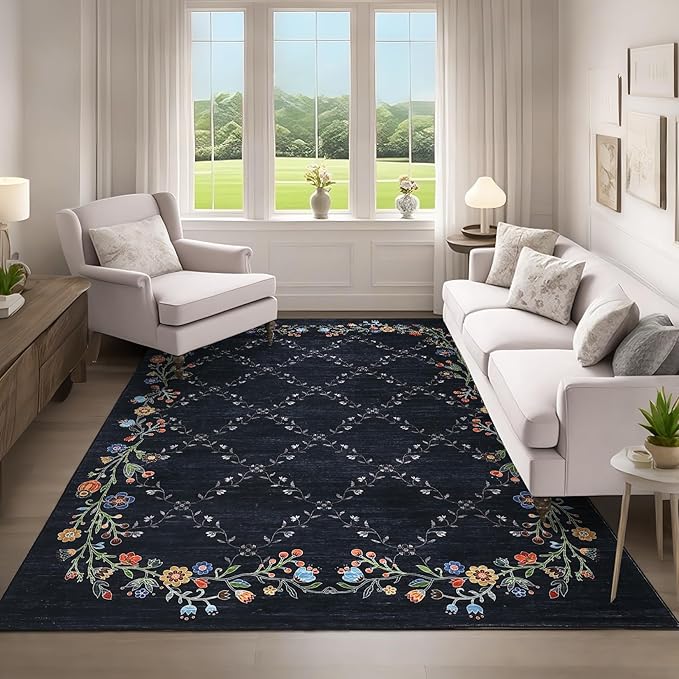 GarveeHome 10x13 Washable Floral Area Rugs for Living Room: Modern Floral Non Slip Large Area Rugs for Bedroom, Large Machine Washable Living Room Low Pile Carpet with Non-Slip Backing Black 10'x13'.