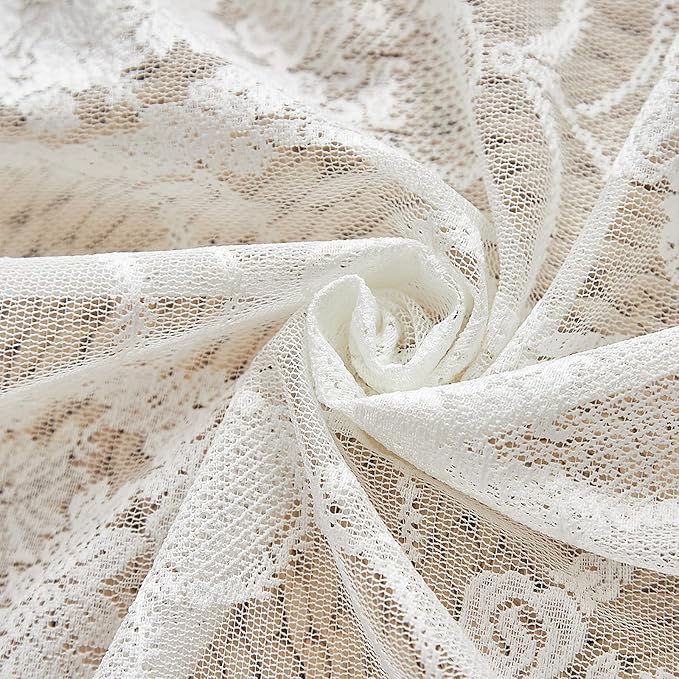 Bright White Vintage Country Floral Lace Sheer Curtains 63 Inches Long -Rod Pocket Light Filtering French Privacy Scalloped Edges Rod Pocket Boho Bedroom ,52 x 63 Inch, 2 Panels