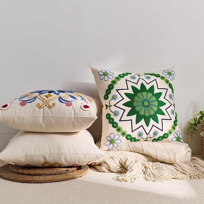 Embroidered Throw Pillow Cover 22x22 Classic Boho Floral Pattern Pillows Cover Outdoor Decorative Pillowcase,Durable Cozy Textured Cushion Case for Sofa Couch Bed Living Room,Green