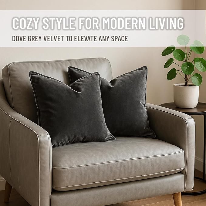 2 Pack Velvet Decorative Throw Pillow Covers, 20"x20", Deep Grey, Solid, Modern, Contrast Piping, Indoor Use, Bedroom & Living Room