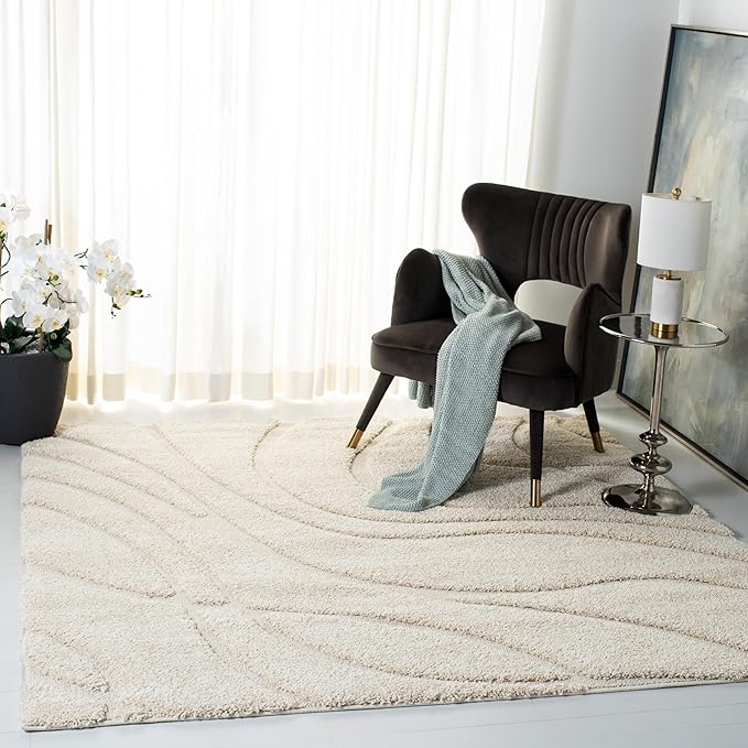 SAFAVIEH Florida Shag Collection Area Rug - 4' Square, Creme & Creme, Non-Shedding & Easy Care, 1.2-inch Thick Ideal for High Traffic Areas in Living Room, Bedroom (SG471-1111)