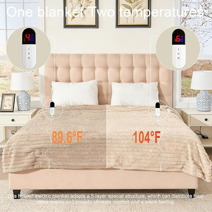 Electric Blanket, Soft Stripe Heated Blanket with 6 Heating Levels & 10 Hours Auto Shut Off, Fast Heating Warm Blanket, Machine Washable, Khaki, 84 x 90 Inch
