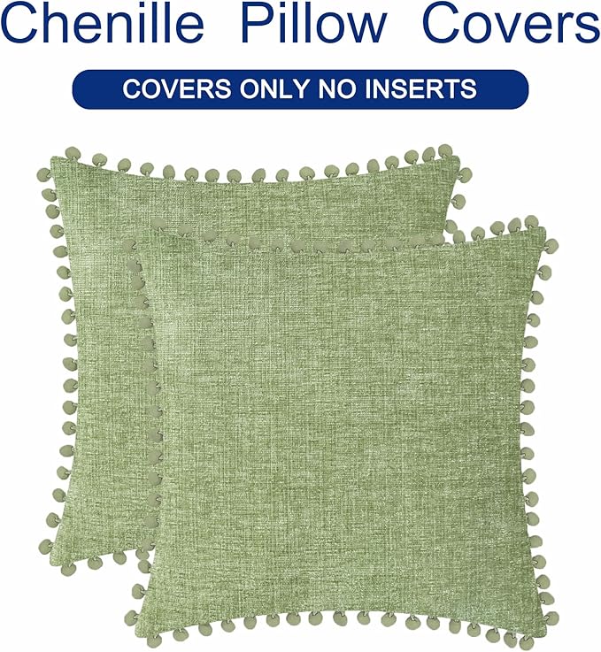 CaliTime Throw Pillow Covers Decorative 18 X 18 Inches Pack of 2 Cozy Solid Dyed Soft Chenille Cushion Cases with Pom Poms for Couch Sofa Bed Living Room Home Sage