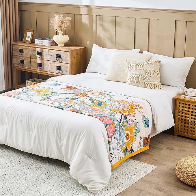 Farmhouse Throw Blanket, 50"x 60" Boho Throw Blankets for Couch Cover, 100% Cotton Bohemian Vintage Quilt for All Seasons Reversible Florals Lightweight Picnic Blankets Home Decoration