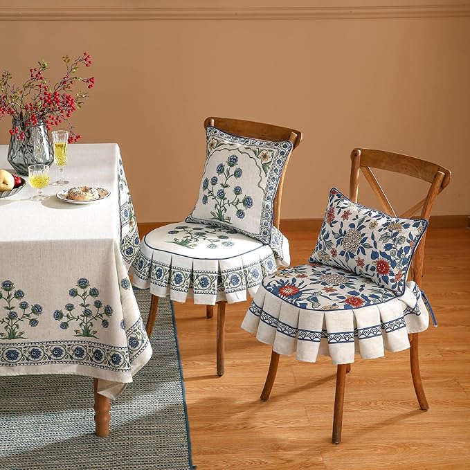 patdrea Pack of 2 Chair Cushions for Dining Chairs with Ruffled, Blue Floral Seat Cushion with Ties,Removable,Non Slip Chair Pads Decor for Bar Stool Cushions, Indoor Kitchen Chairs, 17.7"x17.7"