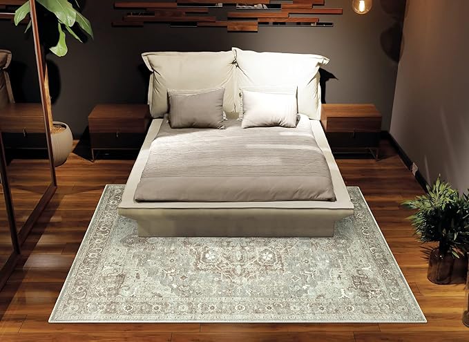 Bloom Rugs Washable Non-Slip 4' x 6' Rug - Beige/Gray Traditional Area Rug for Living Room, Bedroom, Dining Room, and Kitchen - Exact Size: 4' x 6'