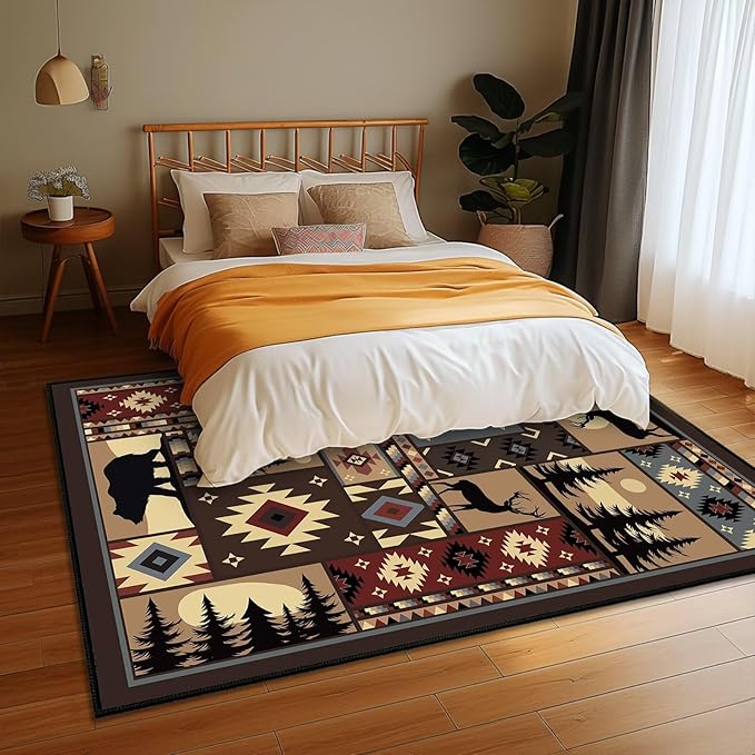 Rustic Rug for Bedroom,Cabin Wildlife Area Rug 4x6 Carpets Runner for Living Room,Buffalo Plaid Bear Moose Deer Country,Washable Throw Rugs Indoor Doormat Non Slip Floor Mats for Dining Room,Laundry