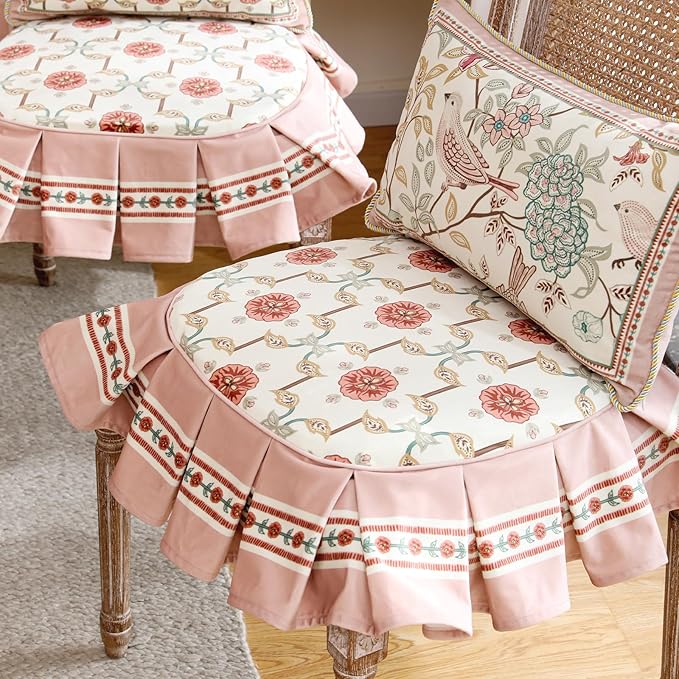 patdrea Pack of 2 Chair Cushions for Dining Chairs with Ruffled, Pink Floral Bird Seat Cushion with Ties,Non Slip Chair Pads Decor for Bar Stool Cushions, Indoor Kitchen Chairs, 17.7"x17.7"