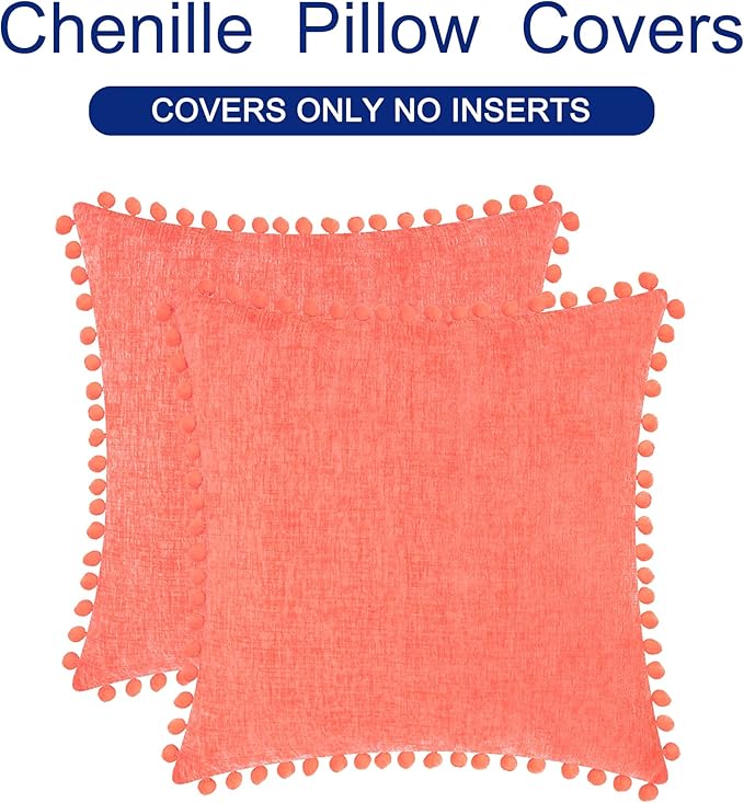 CaliTime Throw Pillow Covers Decorative 20 X 20 Inches Pack of 2 Cozy Solid Dyed Soft Chenille Cushion Cases with Pom Poms for Couch Sofa Bed Living Room Home Living Coral